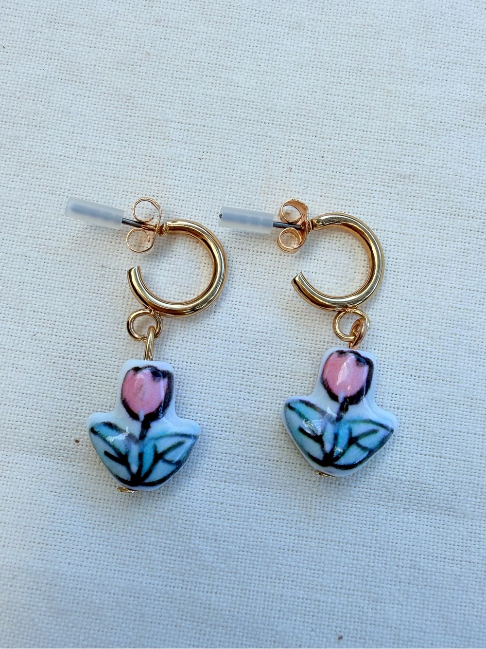 Gold Hoop Earrings with Pink Flower Charms